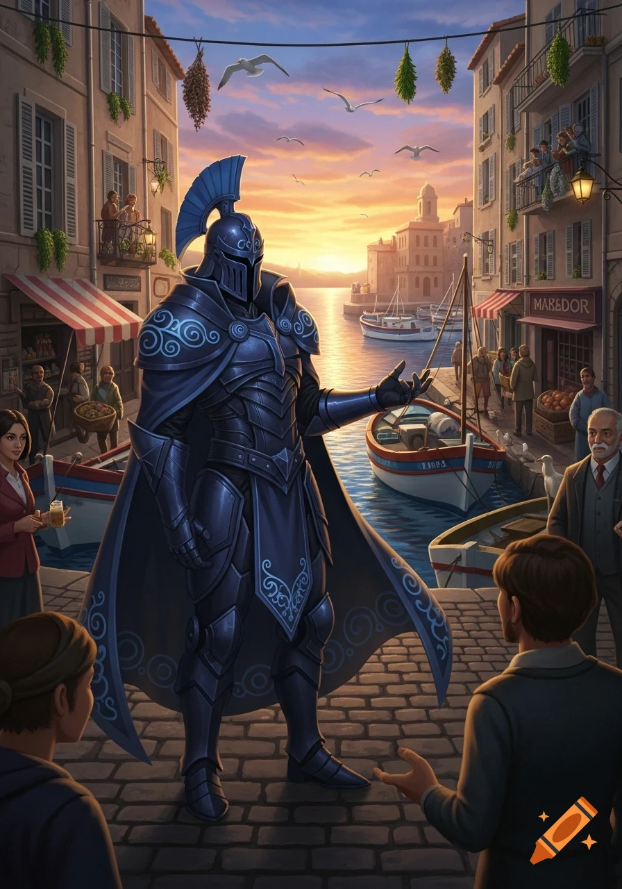 Dark armored figure, similar to Darth Vader, stands on a cobblestone quay in a vibrant Mediterranean port town at sunset.