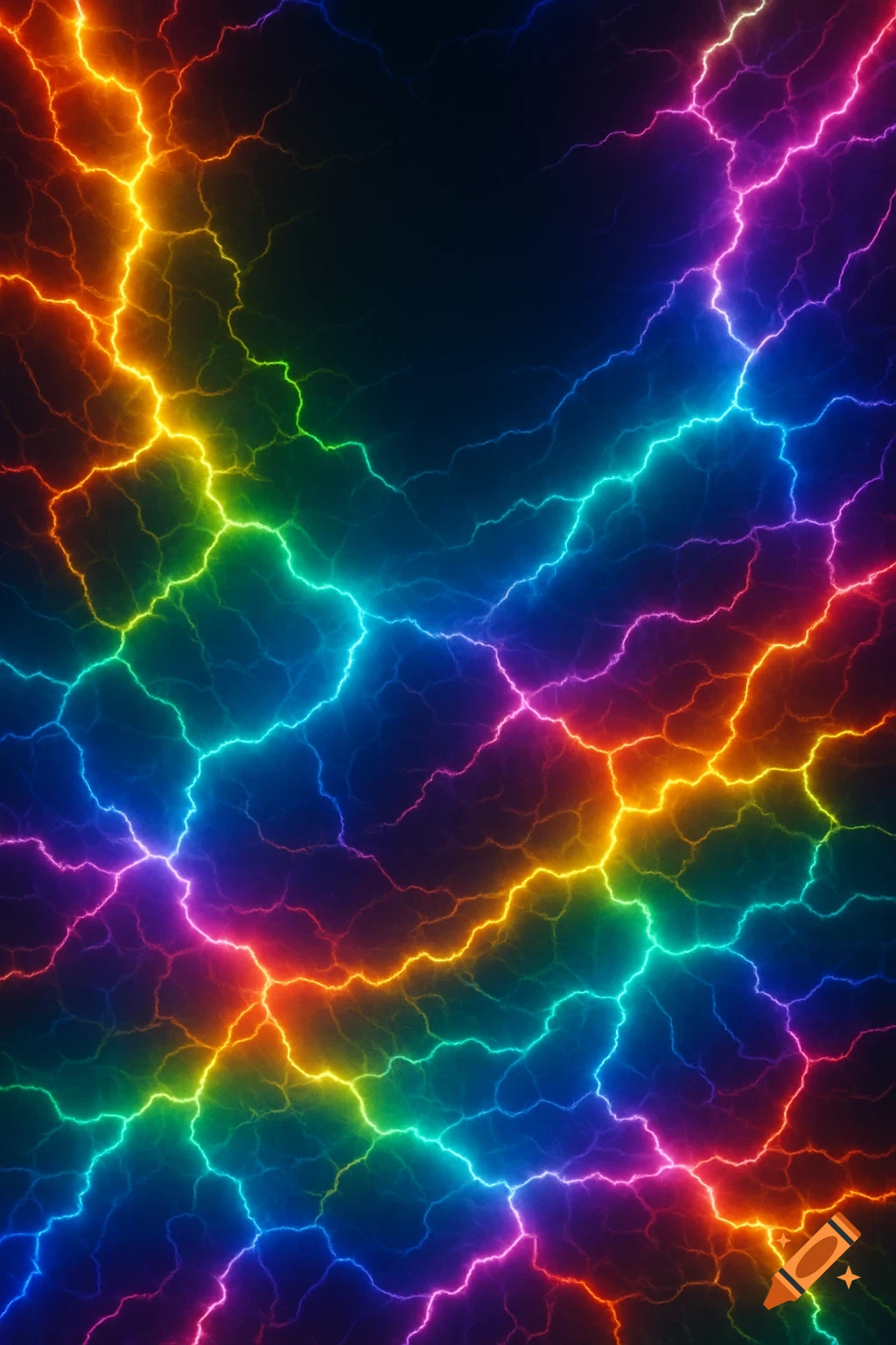 A vibrant abstract background of interwoven lightning bolts in neon rainbow colors against a dark background.