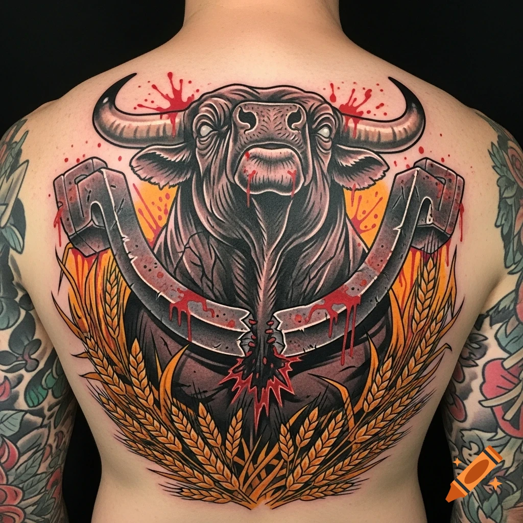 A stylized tattoo on a back features a powerful bull's head with rolled-back eyes, blood dripping from its mouth and a broken yoke around its neck, set against wheat and a black background.