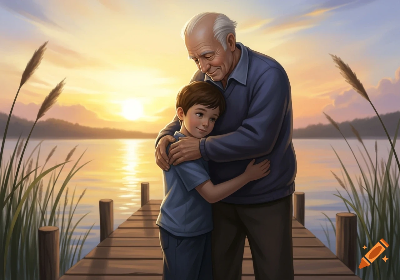 An old man embraces a young boy on a wooden dock at sunset, with a calm lake and reeds in the background, in an illustrated style.