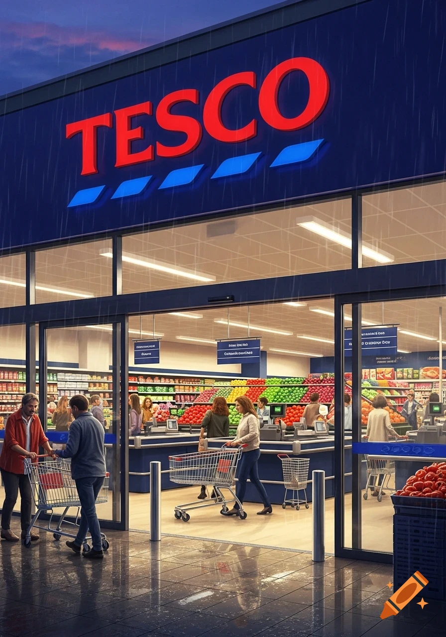 Photorealistic image of a TESCO supermarket entrance at dusk in the rain, with shoppers entering and leaving with carts, and vibrant produce displays visible inside.