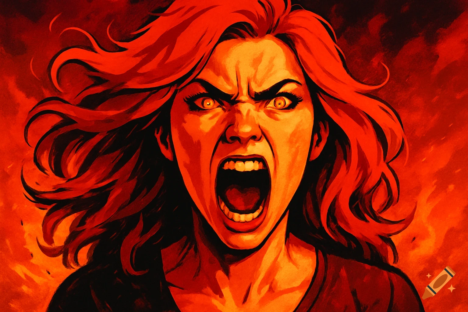 Stylized illustration of a furious woman screaming with glowing yellow eyes against a fiery red background.