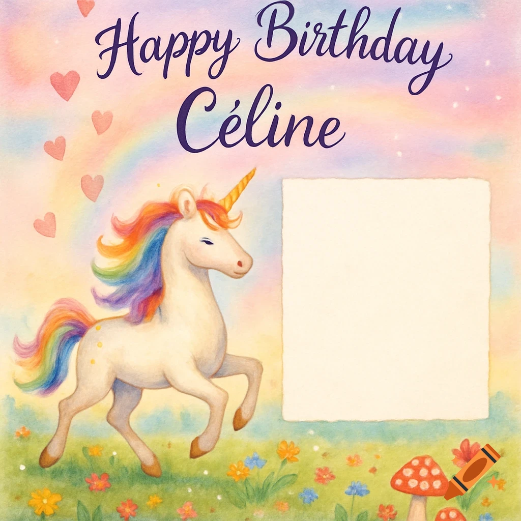 Watercolor birthday card with a unicorn, rainbow, hearts, and flowers. Text reads "Happy Birthday Céline" next to a blank photo frame.