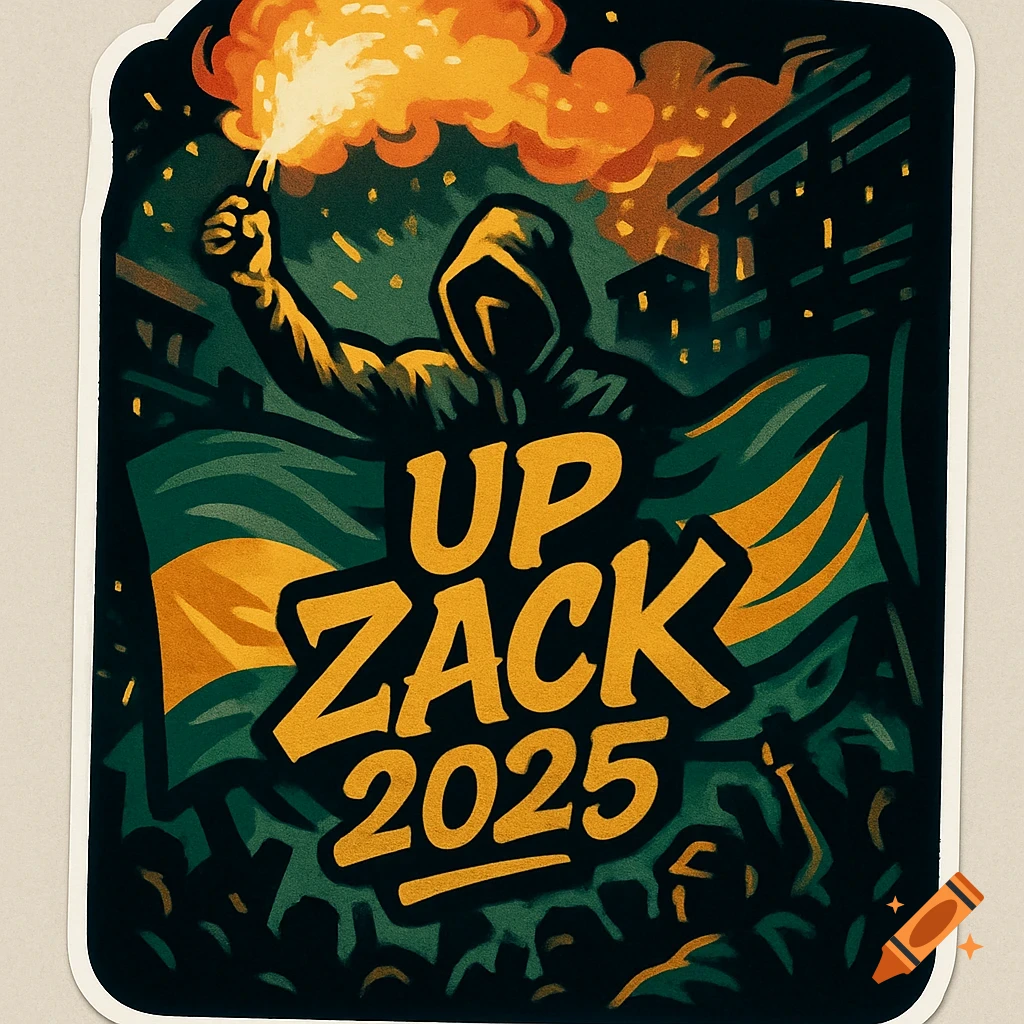 A stylized illustration in gold and green showing a hooded figure holding a flaming flare above a crowd with flags, with text 'UP ZACK 2025'.