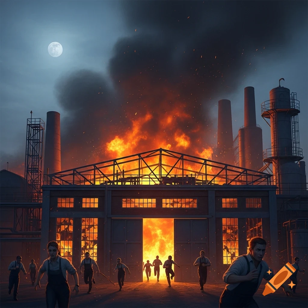 Photorealistic image of a factory engulfed in flames and smoke under a full moon, with workers running out the main entrance.