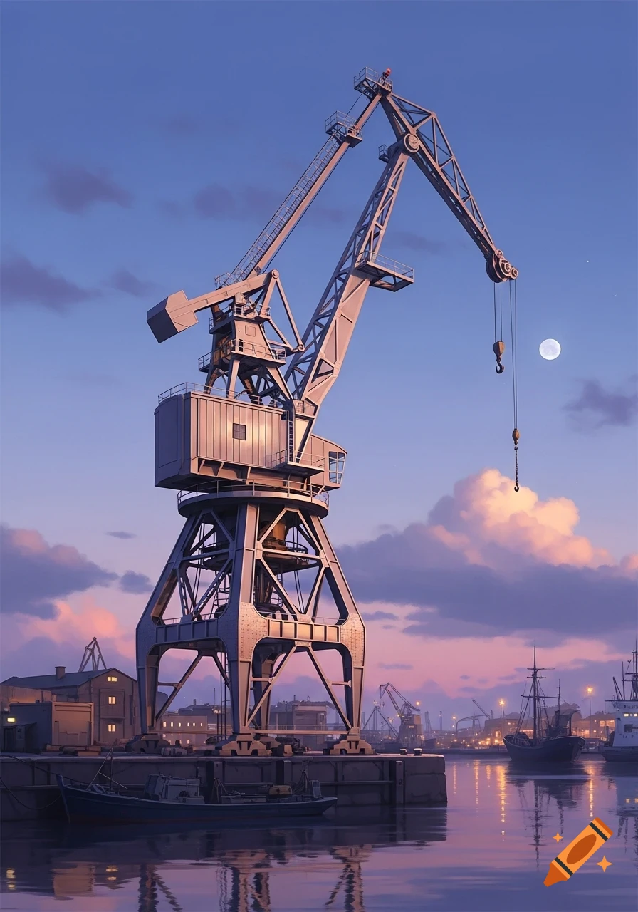 A large industrial crane dominates a twilight harbor scene with docked boats and a full moon visible in the sky.