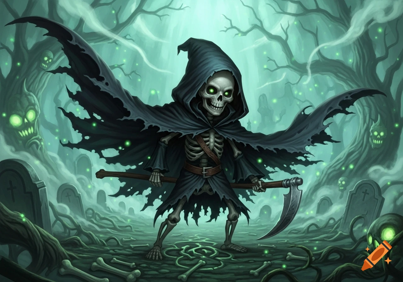 A stylized grim reaper skeleton with glowing green eyes holds a scythe in a misty graveyard with glowing skull trees and bones.