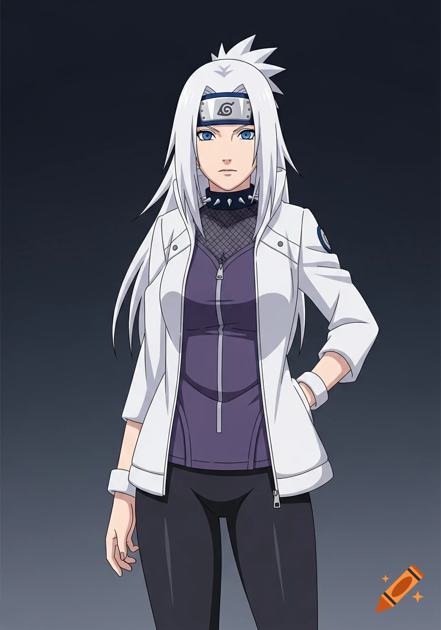 An anime-style woman with long white hair, blue eyes, and pale skin, wearing a white jacket, black tights, and a Naruto-style headband.