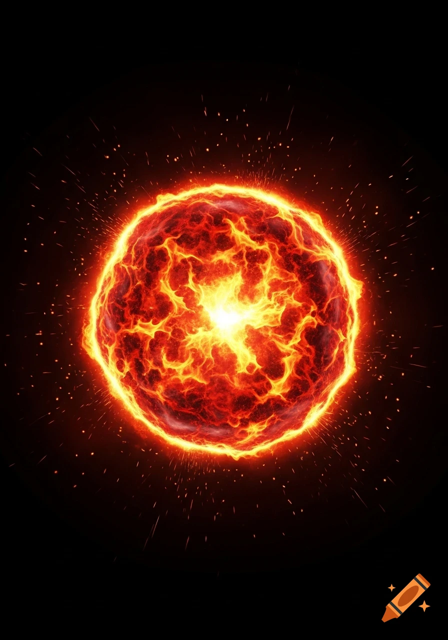 A vibrant, fiery orange and red sphere, resembling a star or explosion, emits sparks against a dark black background.