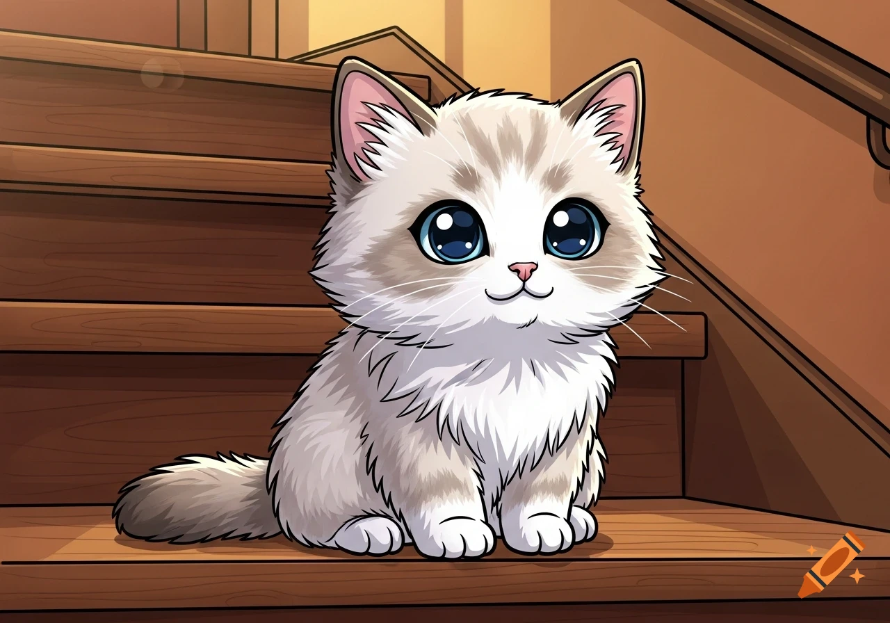 Cute fluffy chibi Ragdoll kitten with blue eyes sitting on wooden stairs, cartoon style.