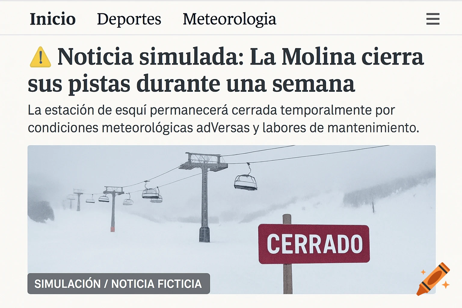 A simulated news website article in Spanish with the headline 'Simulated News: La Molina closes its slopes for a week' over an image of a snow-covered ski resort with closed chairlifts and a 'CERRADO' sign.