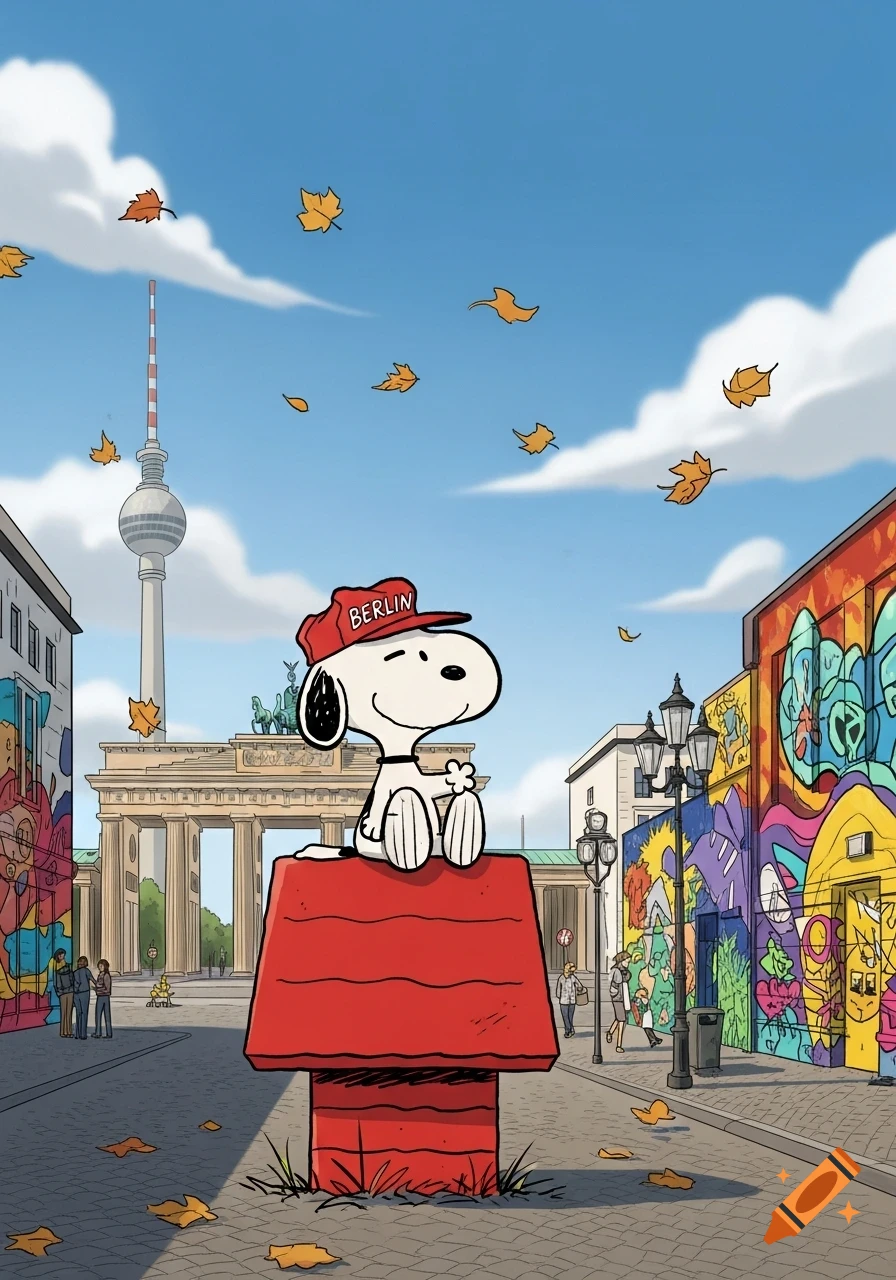 Cartoon Snoopy wearing a red Berlin hat, sitting on his red doghouse in a Berlin street with the Brandenburg Gate and TV Tower, autumn leaves falling.