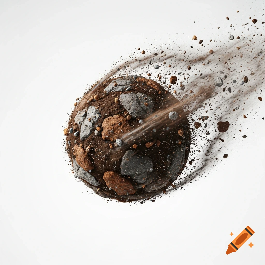 A photorealistic sphere of dirt and rocks, like a meteorite, streaks across a white background, shedding particles.