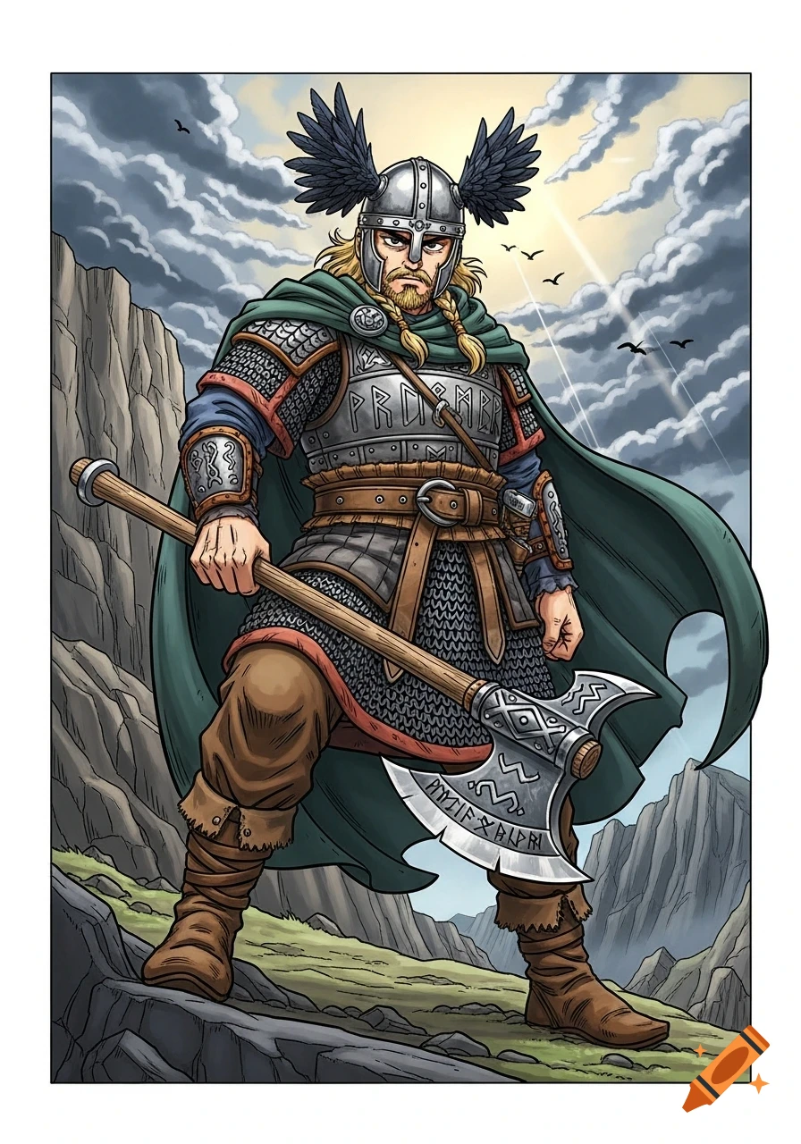 A detailed comic art illustration of a Viking warrior in armor, holding a large axe, standing in a rocky landscape under a dramatic sky.
