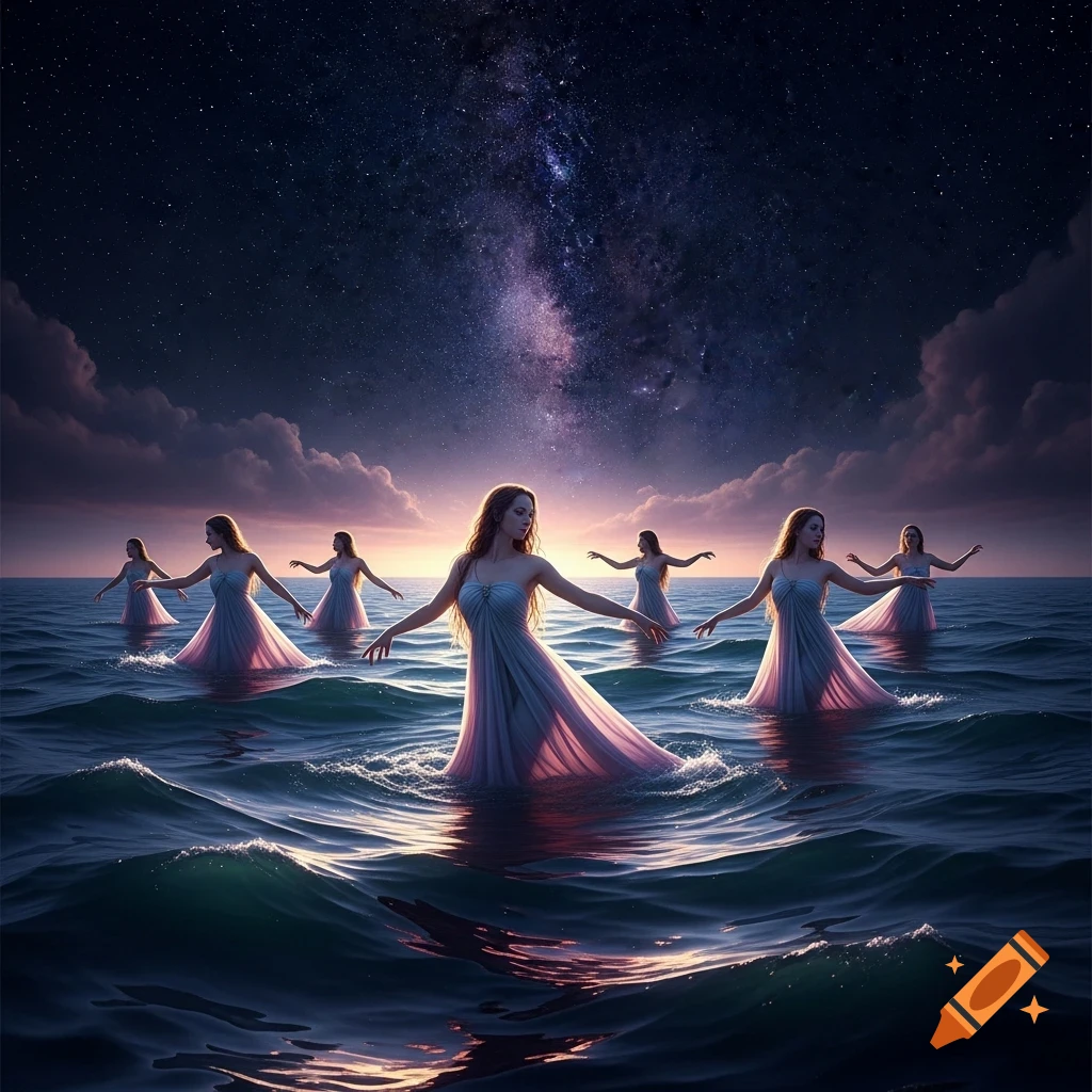 Multiple women in flowing dresses dance in ocean waves under a starry galaxy night sky.