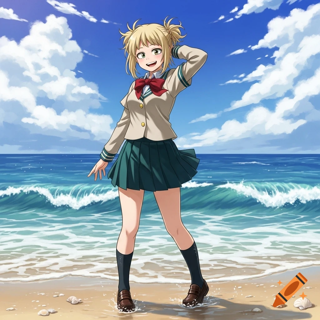 Anime character Himiko Toga from My Hero Academia standing on a sandy beach with waves, wearing a school uniform.