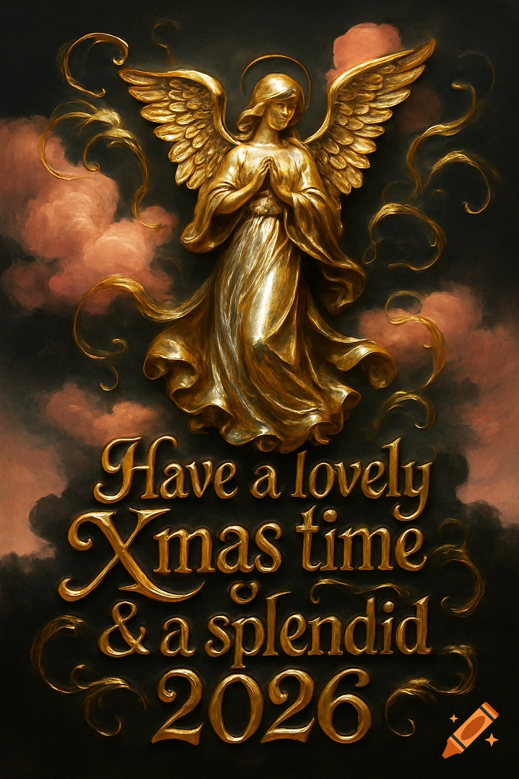 A golden metallic angel with wings and praying hands against a dark, cloudy background, with text 'Have a lovely Xmas time & a splendid 2026'.
