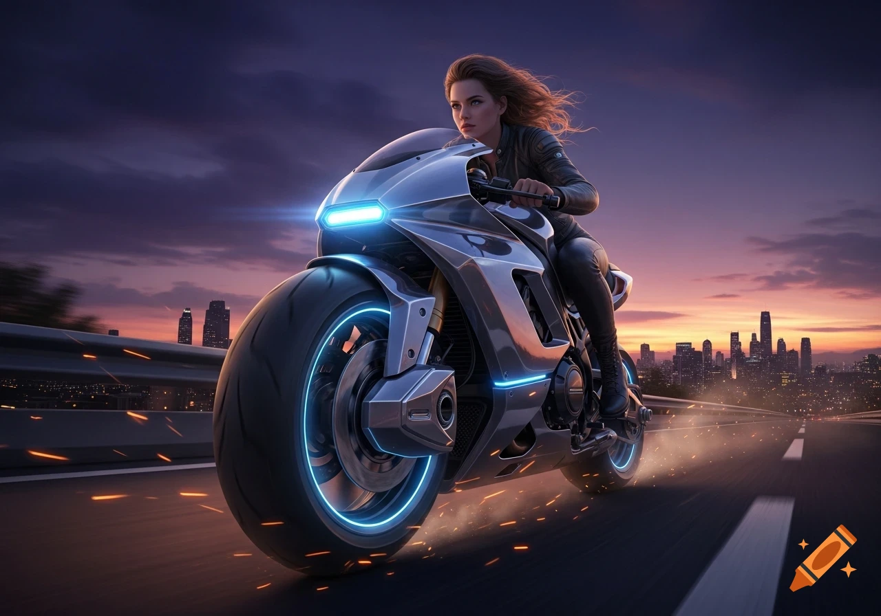 A woman rides a futuristic motorcycle with glowing blue lights on a highway against a sunset city skyline. Photorealistic.