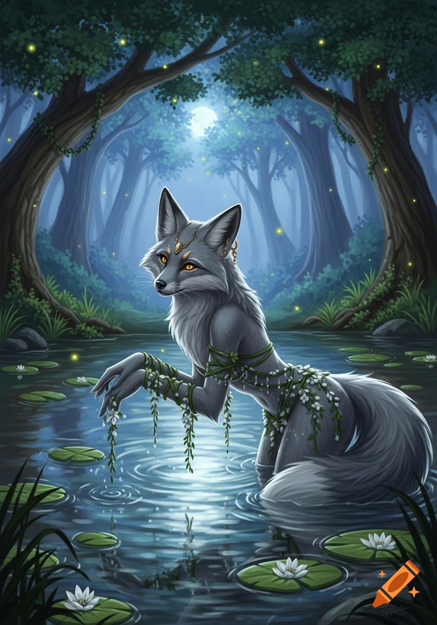 A gray fox woman with glowing amber eyes stands in water filled with lily pads in a mystical, moonlit forest, adorned with vines and white flowers.