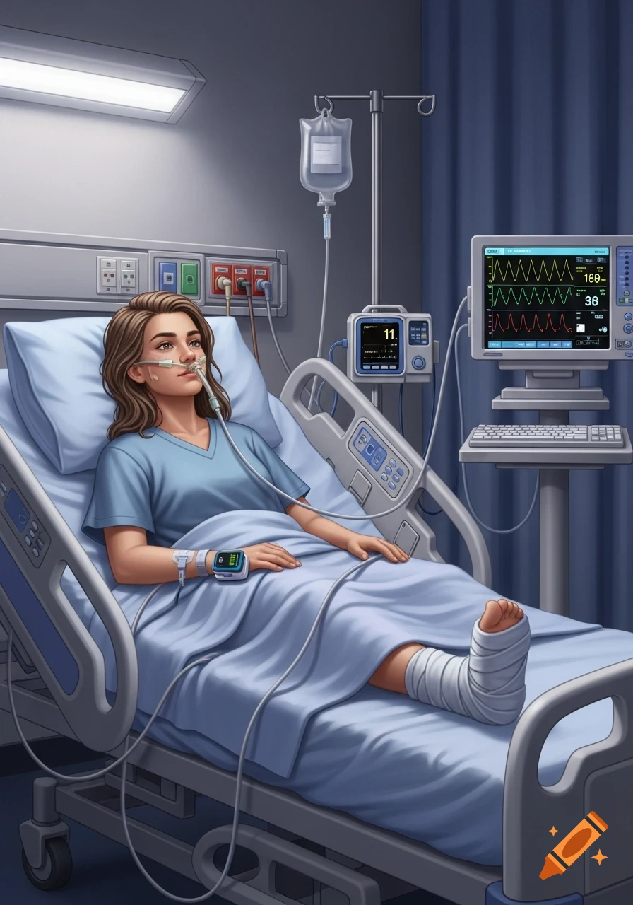A female patient in a hospital bed with an oxygen tube, IV, a cast on her foot, and medical monitors surrounding her.