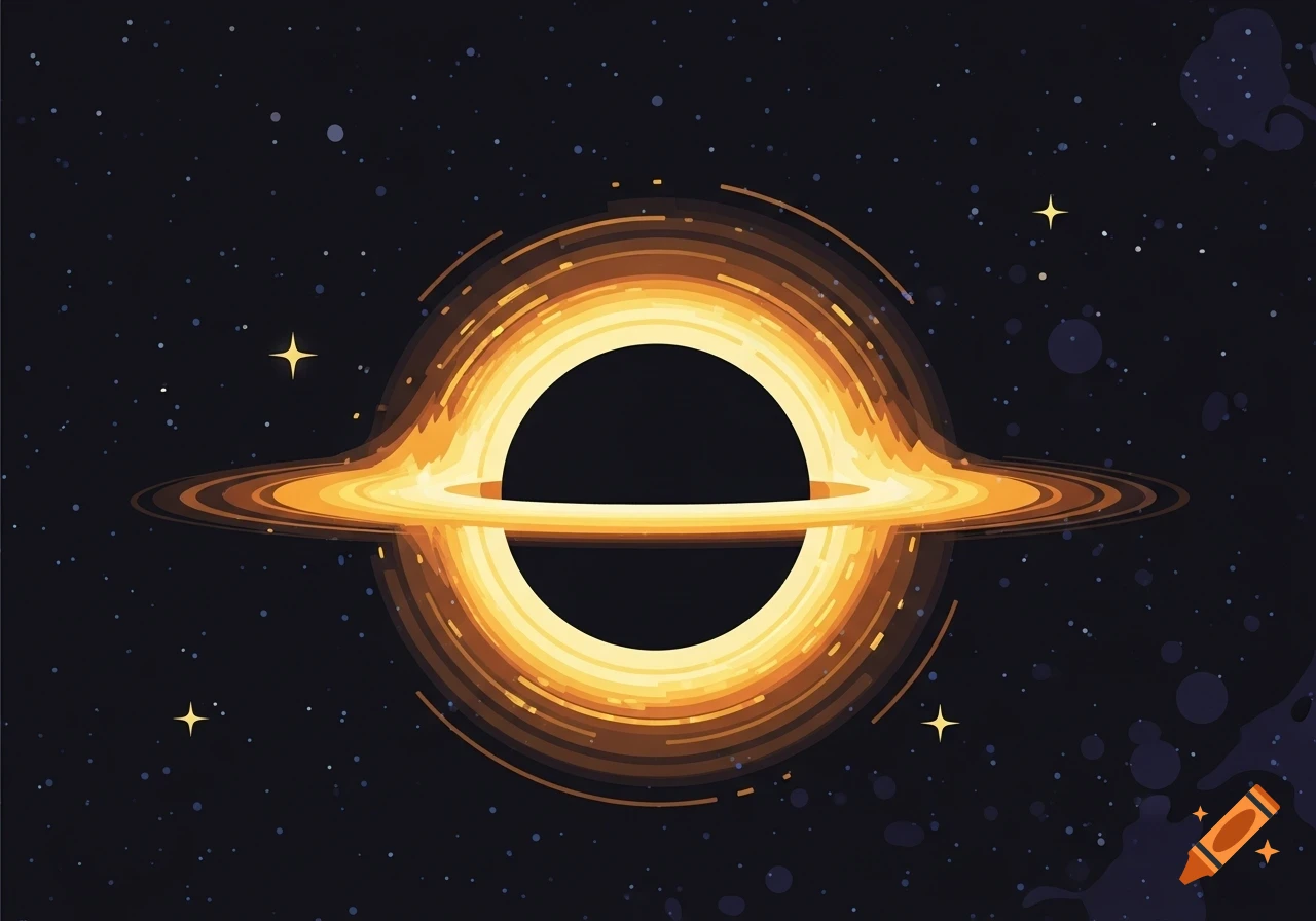 A black hole in space with a glowing orange and yellow accretion disk, depicted in a stylized illustration.
