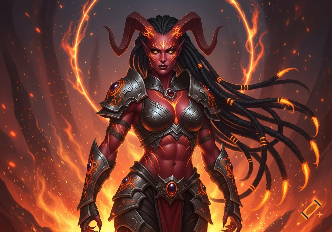A muscular inferno tiefling woman with red skin, black dreadlocks, and horns, wearing armor, standing amidst fire.