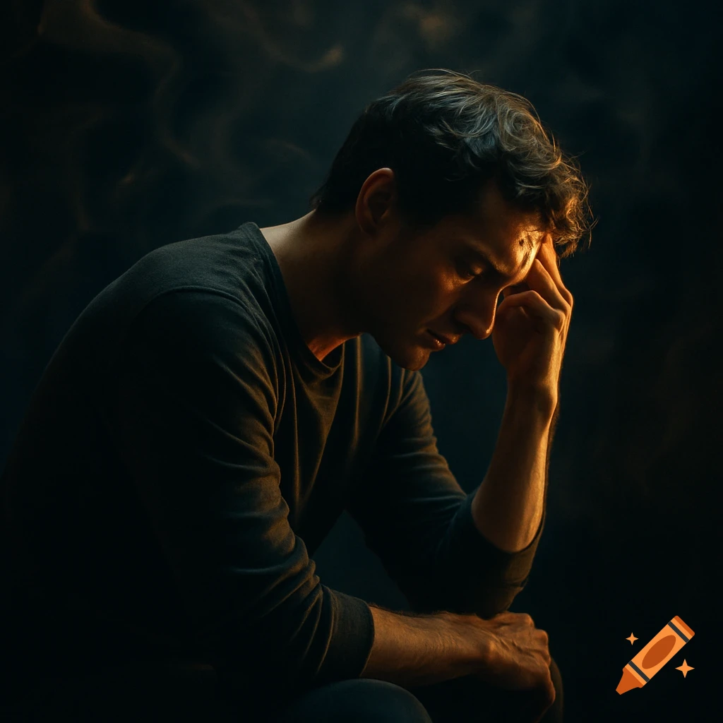 A man in a dark, dramatic setting, head bowed with his hand to his forehead, appearing reflective or overwhelmed.