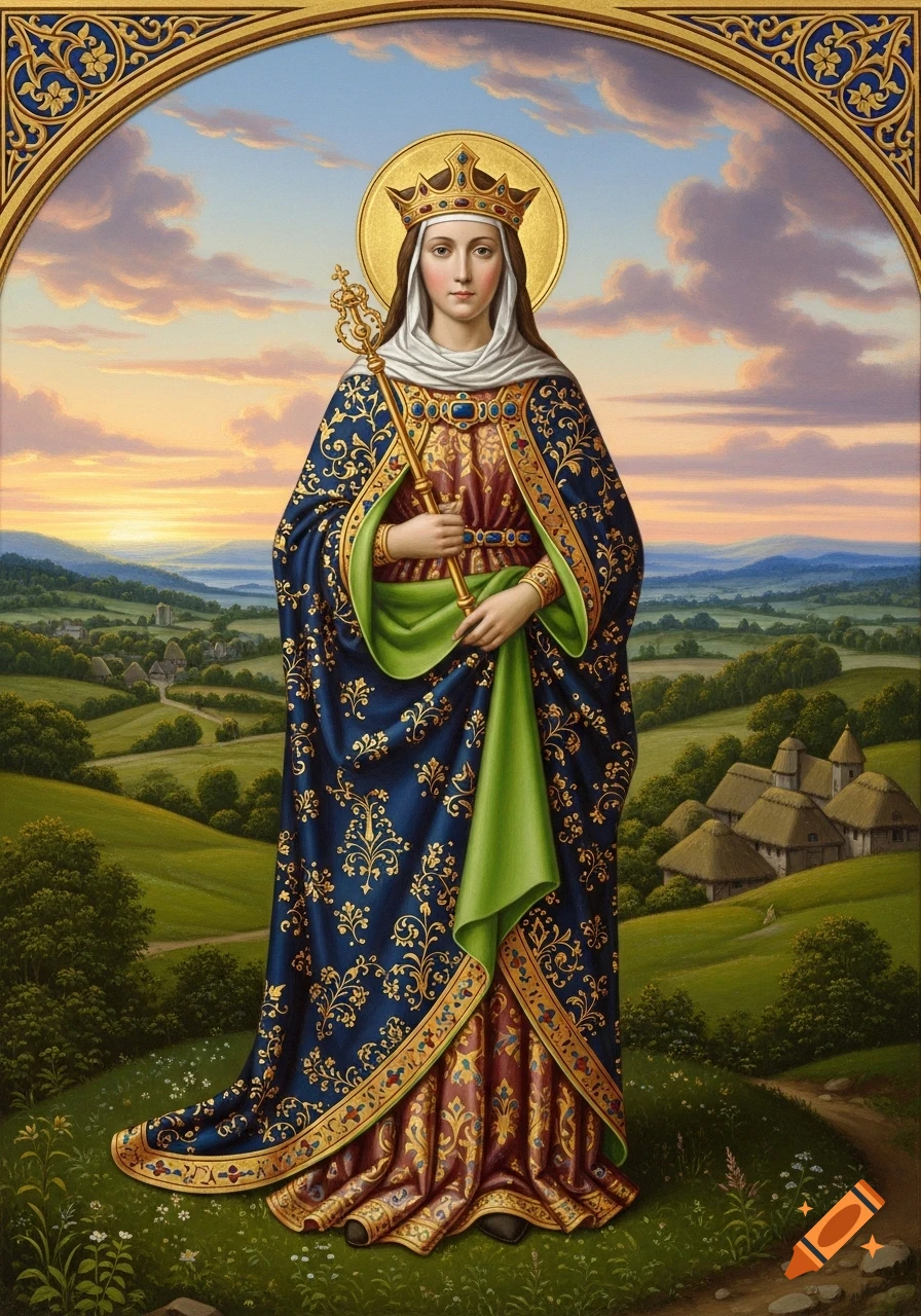 A regal woman with a crown and halo holds a scepter, standing in a scenic landscape with a sunset sky, framed by an ornate arch.