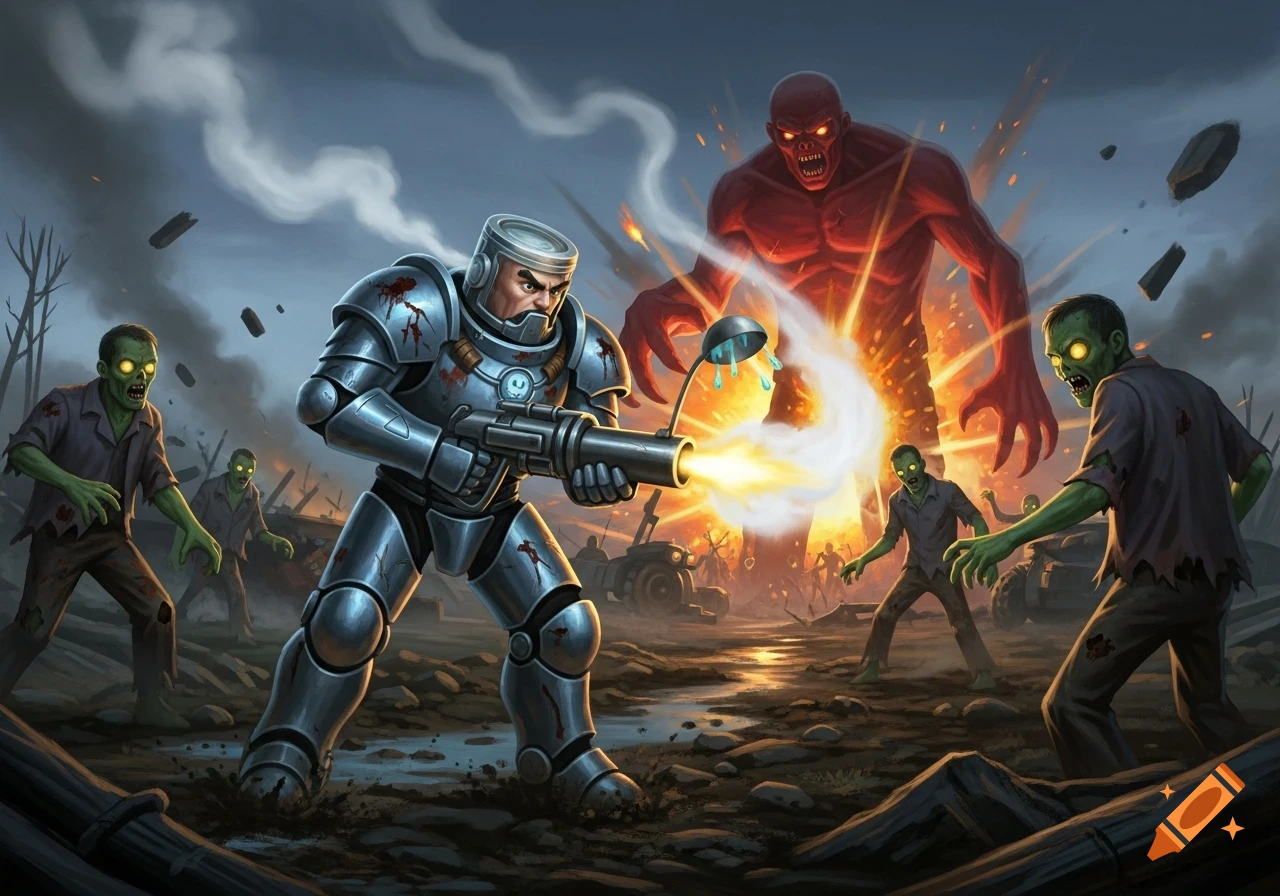 A futuristic soldier in silver armor, with a soup ladle on his helmet, shoots at green zombies while a giant red monster looms in the background.