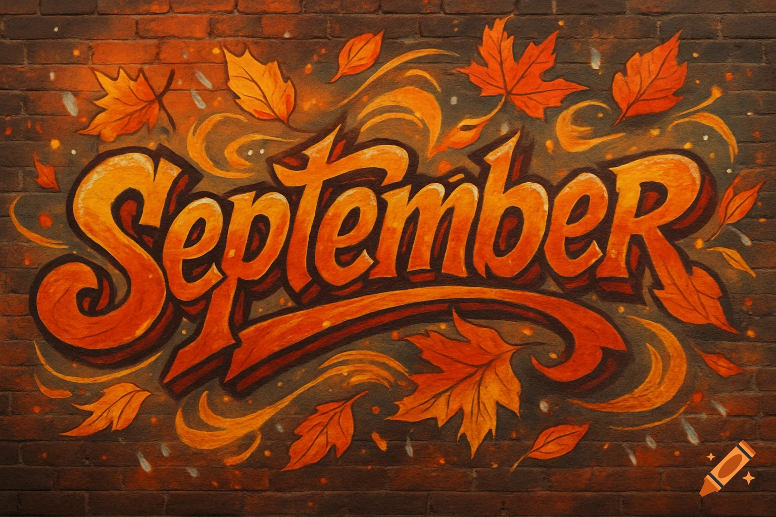 Graffiti art of 'September' in autumn colors with falling leaves on a brick wall.