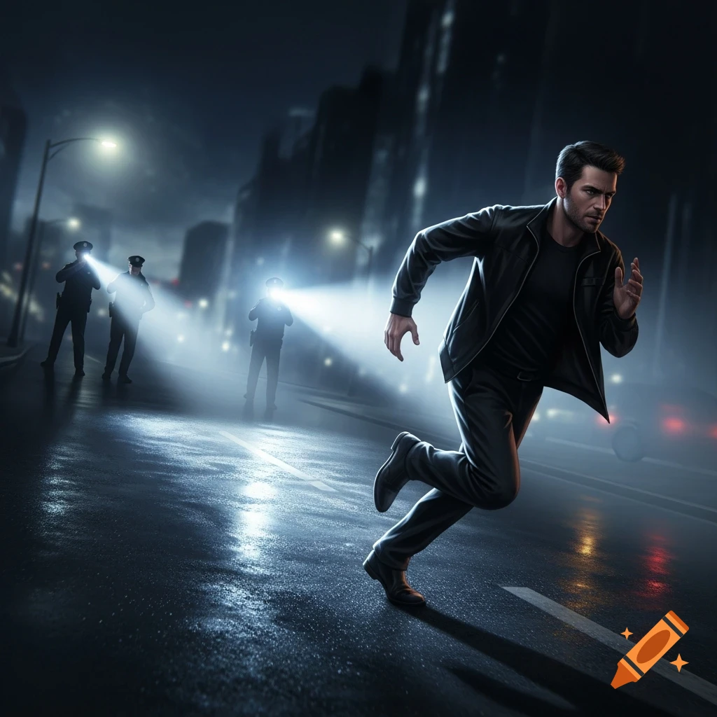A man in a black jacket runs on a wet city street at night, pursued by police officers with flashlights.