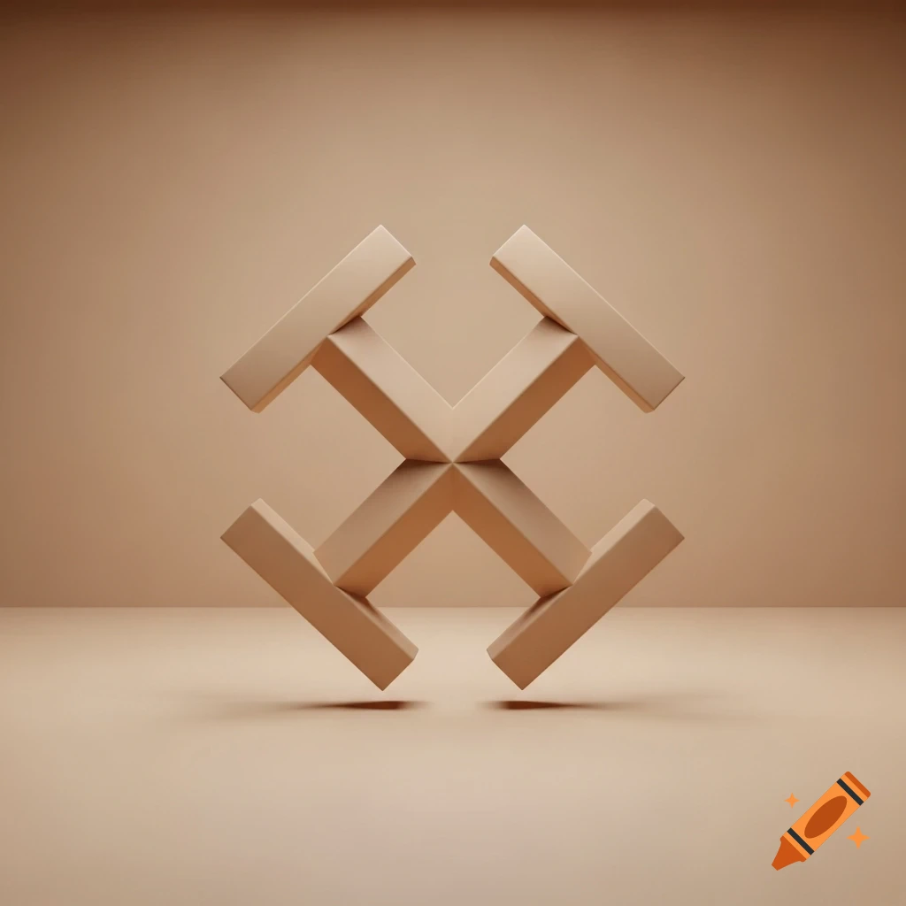 A 3D rendering of two light tan upside-down T-shapes connected at their bases, forming a symmetrical abstract design on a tan background.