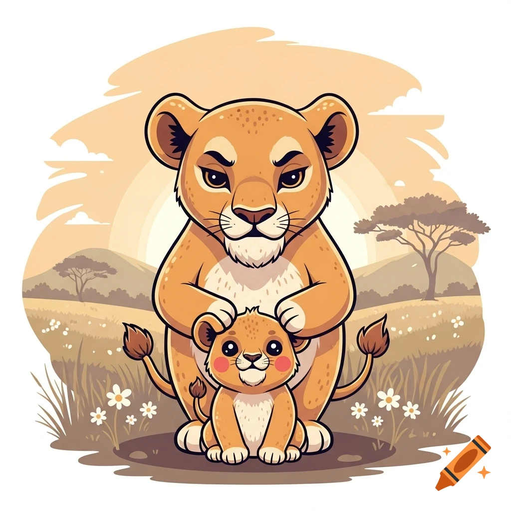 A cute, kawaii-style cartoon of a mother lioness protectively standing behind her cub in a stylized savanna.