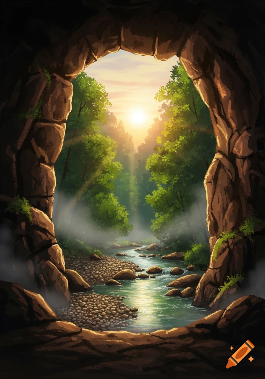 A vibrant illustration of a cave exit opening to a river flowing ...