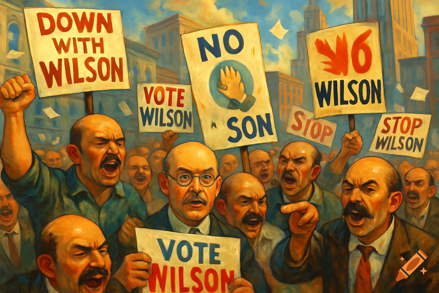 A painted image of a crowd of bald men with mustaches protesting, holding signs that say 'Down With Wilson', 'Vote Wilson', 'No Wilson', and 'Stop Wilson'.