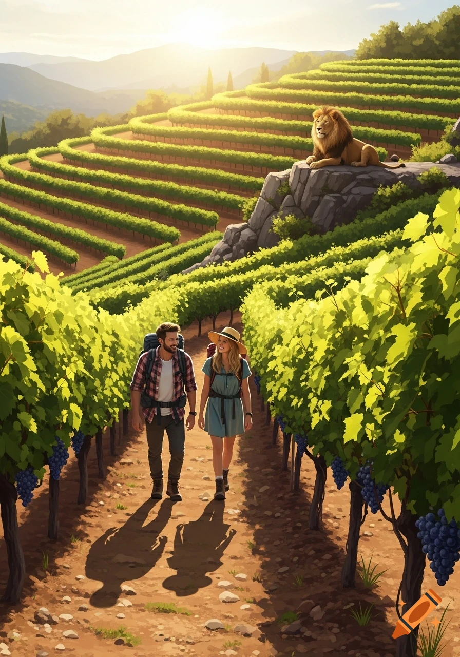 A couple walks through a sunny vineyard with terraced hills in the background, where a lion rests on a rock.