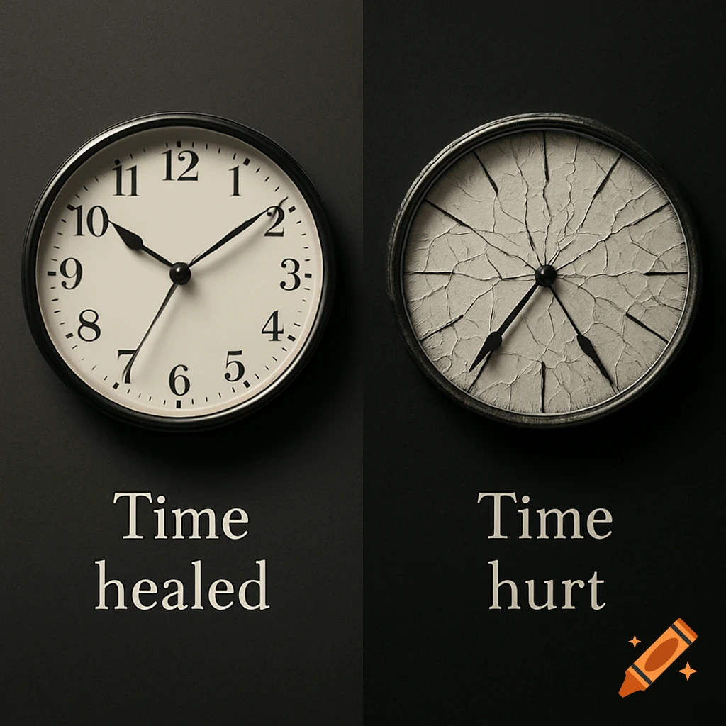 Two clocks on a dark background; the left is intact with 'Time healed' below it, the right is cracked with 'Time hurt'.