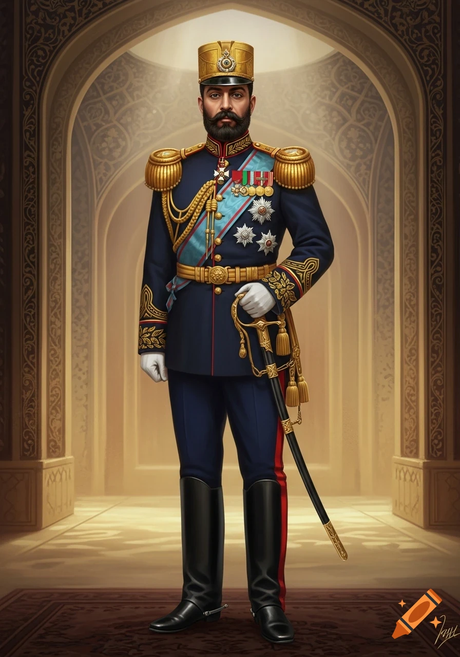 A full-body portrait of a man with a beard in a blue military uniform ...
