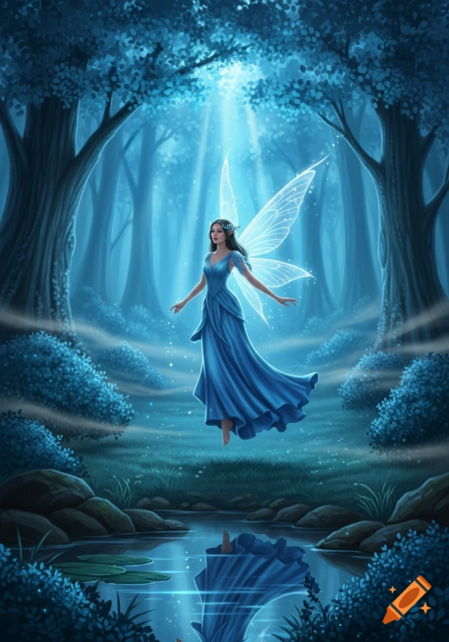 A beautiful fairy with glowing wings floats in a magical blue-toned forest above a reflective pond, illuminated by a beam of light.