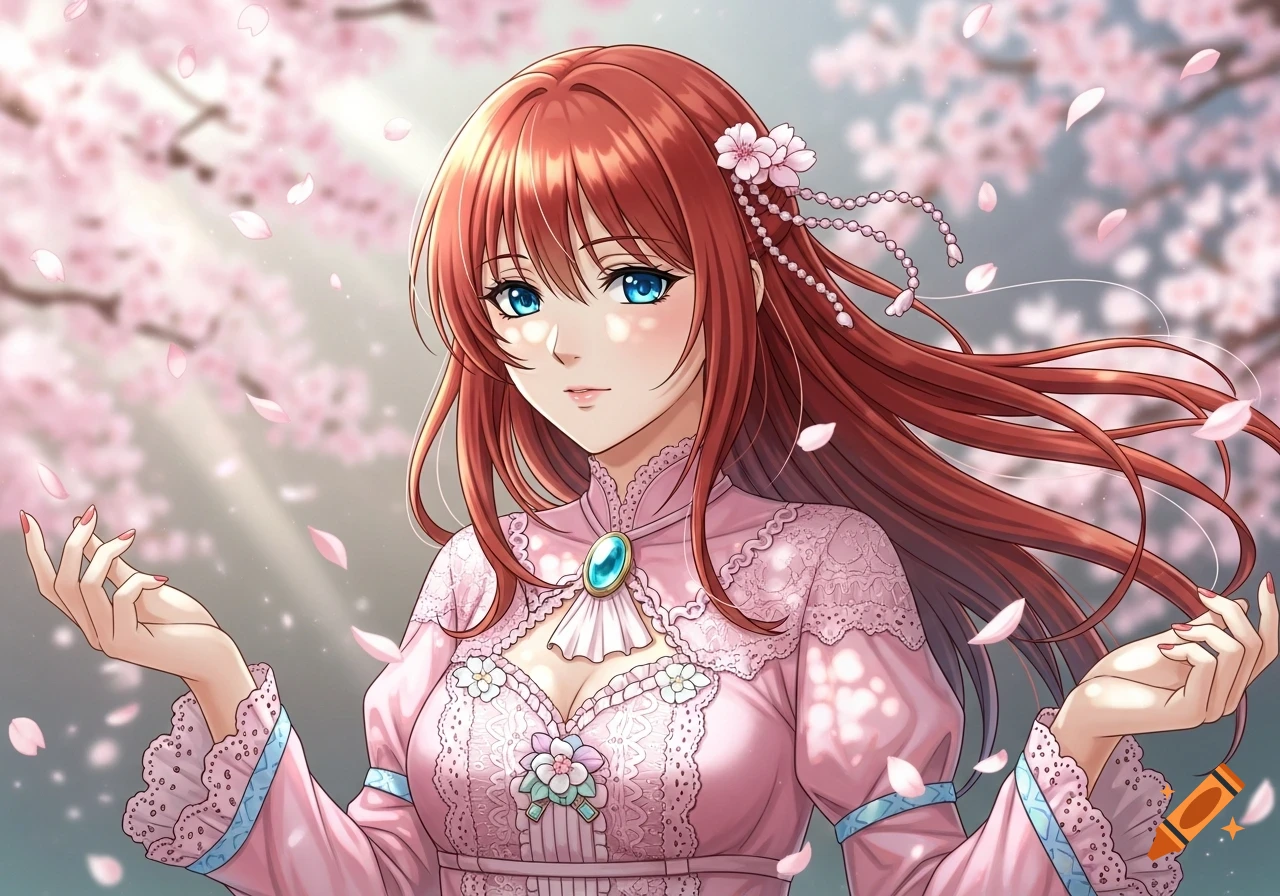 Anime-style illustration of a woman with ginger hair and blue eyes, wearing a pink dress, surrounded by falling cherry blossoms.