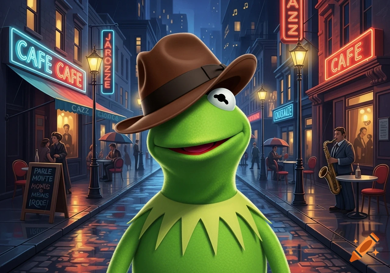 Kermit the Frog wearing a brown fedora, standing on a wet city street at night with neon-lit cafes and a saxophonist.