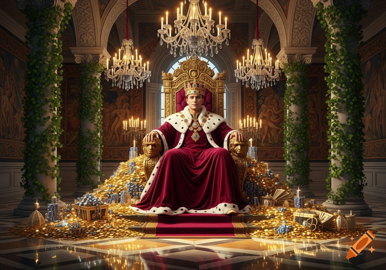 A young king in a red and white fur-trimmed robe sits on a golden throne, surrounded by piles of gold coins and jewels in a lavish palace hall.