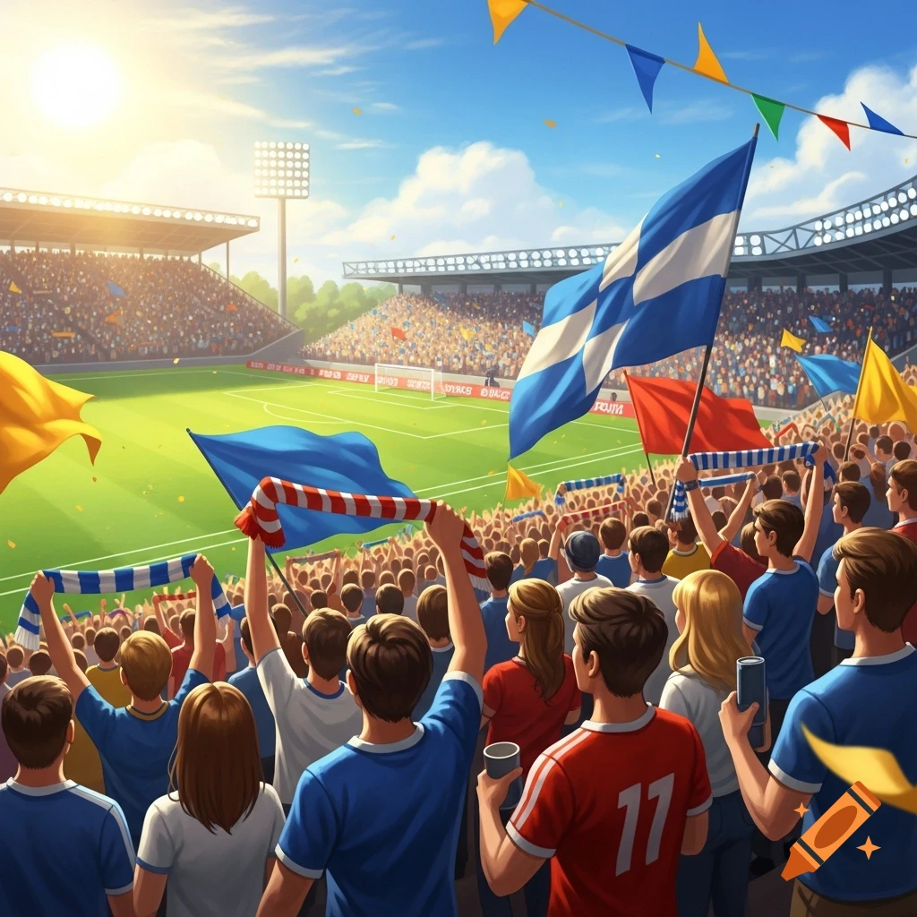Illustrated scene of a large crowd of fans cheering in a sunny soccer stadium, holding flags and scarves.