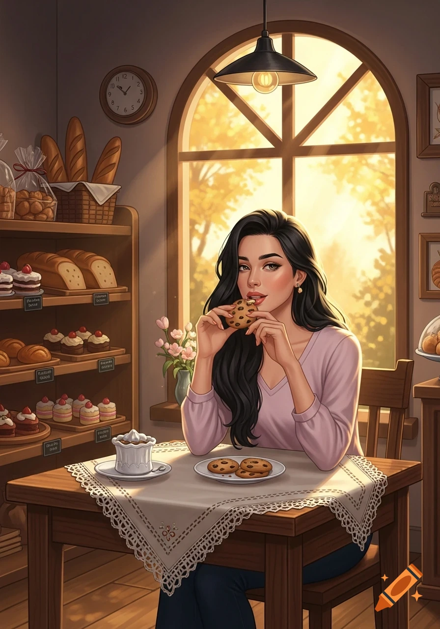 Illustrative image of a woman with long dark hair sitting in a bakery, eating a chocolate chip cookie.