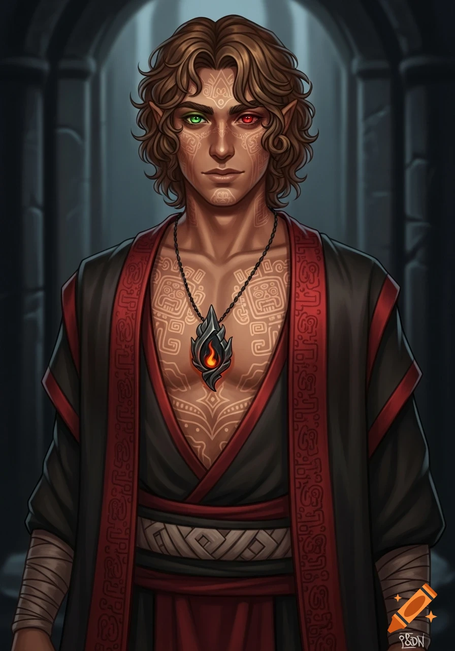 A fantasy male character with curly brown hair, heterochromia (one green, one red eye), and tribal tattoos on his chest, wearing a red and black robe with a flame pendant.