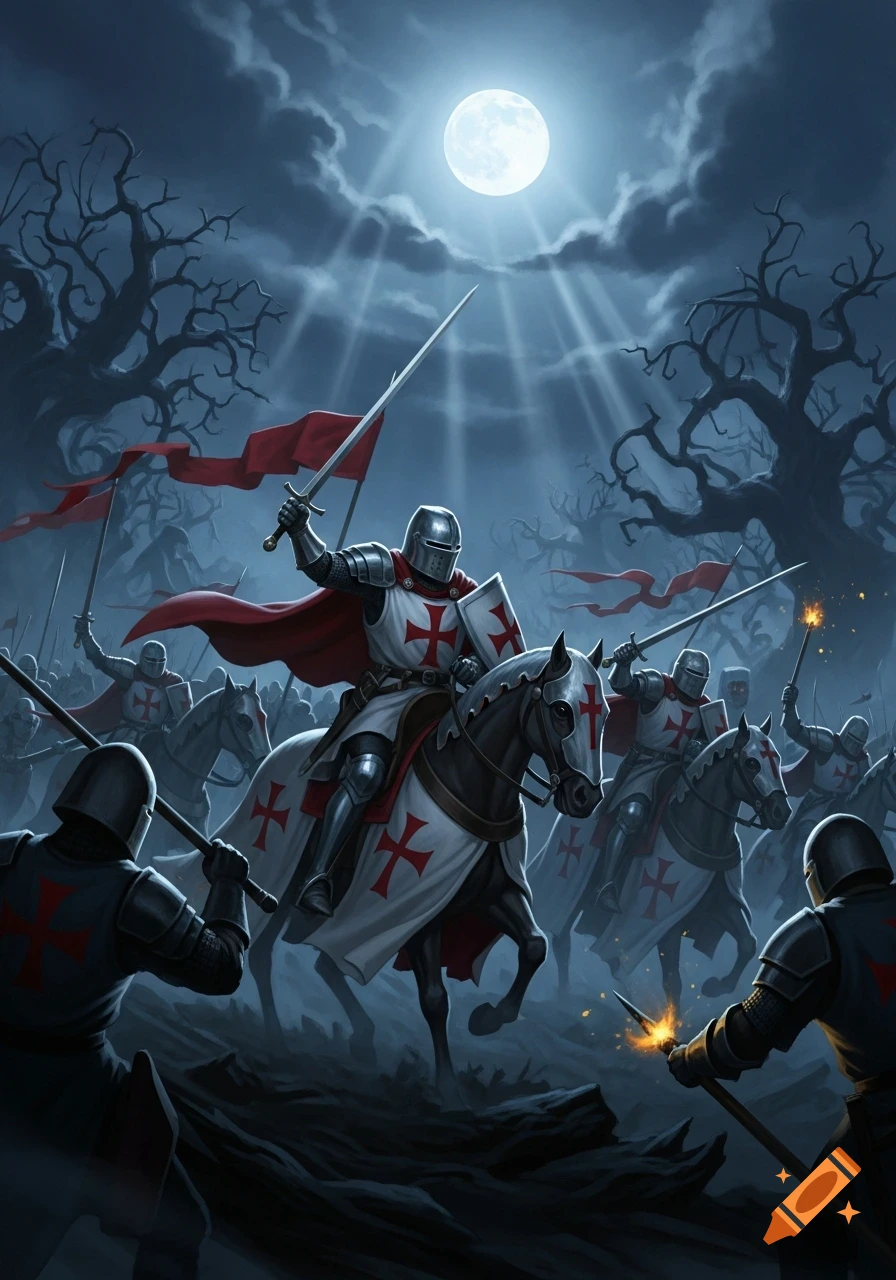 Templar knights on horseback and foot in a dark, eerie forest under a full moon, ready for battle.