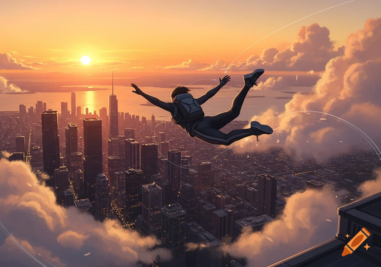 A person in a dark suit with a backpack freefalls over a sprawling city skyline at a vibrant orange and purple sunset.