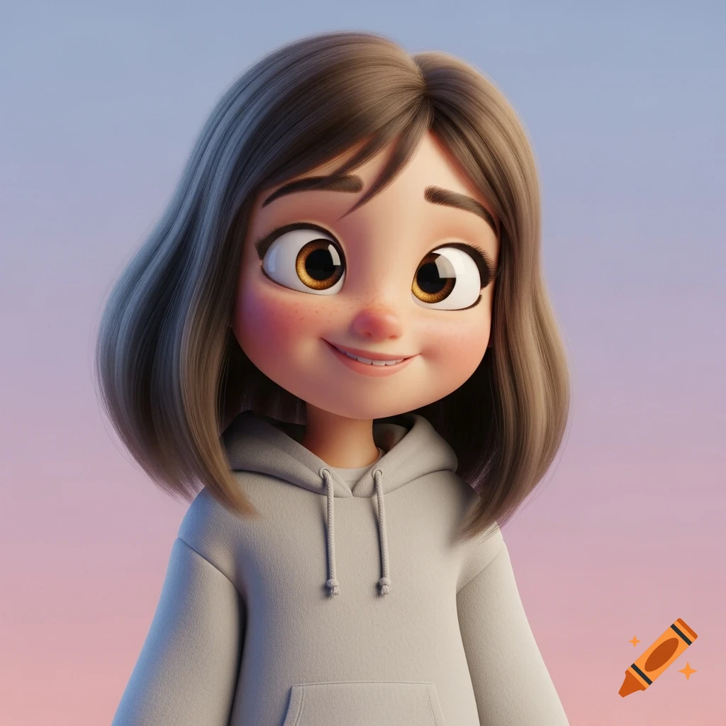 A smiling 3D cartoon girl with brown hair and freckles in a light gray hoodie against a pastel background.
