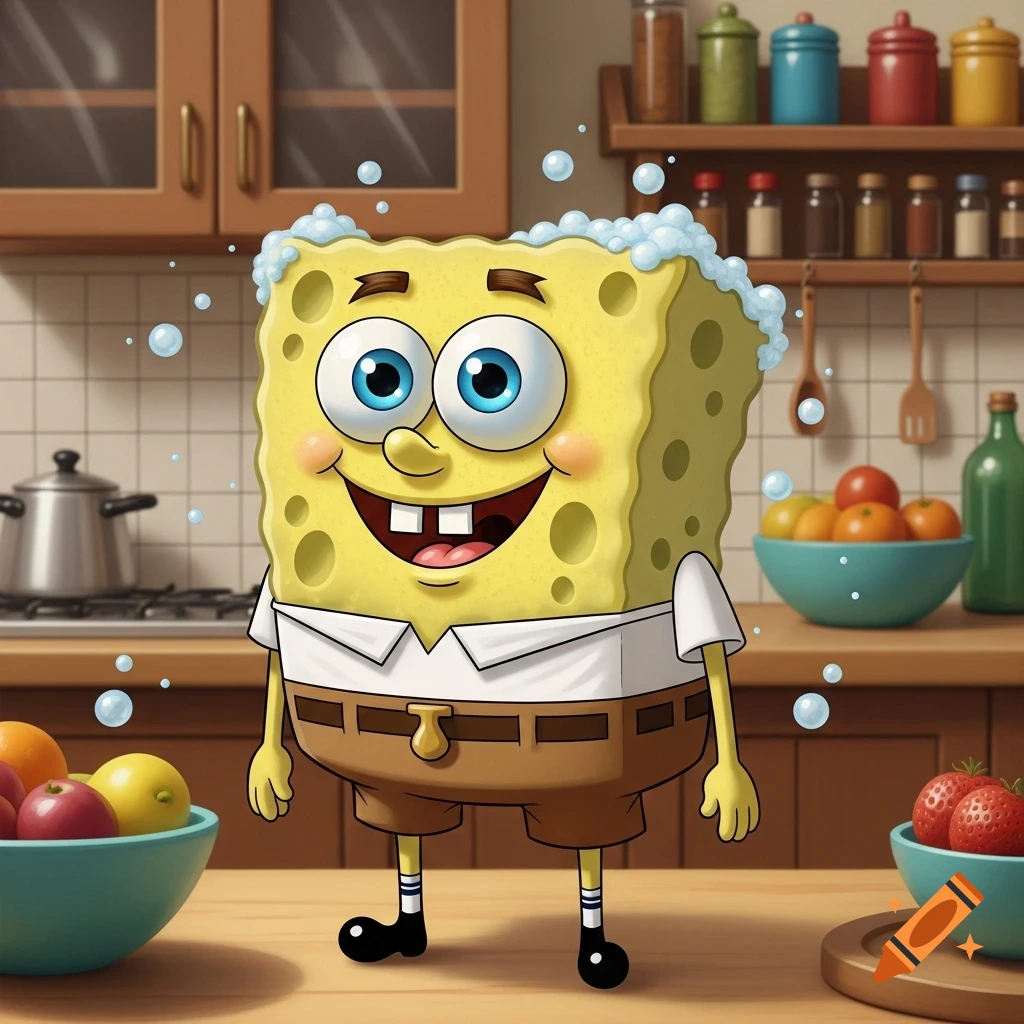 Spongebob Squarepants stands in a bright kitchen, wearing a white shirt and brown pants, with bubbles floating around him.