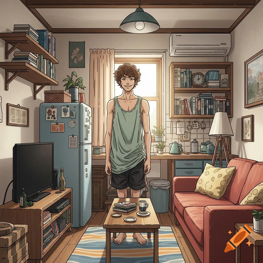 An anime-style illustration of a smiling man in a tank top and shorts standing in a cluttered, cozy apartment.